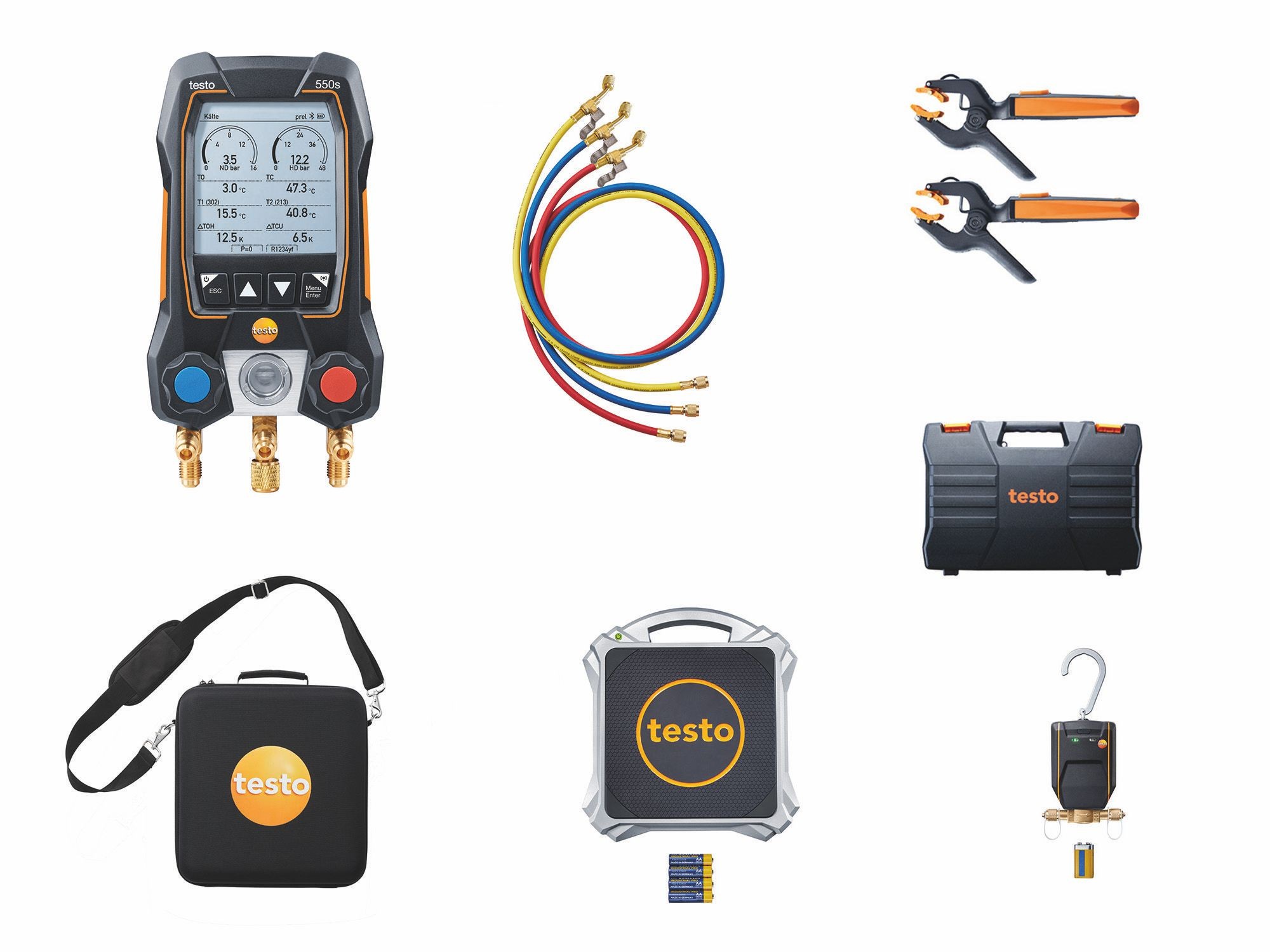 testo 550s Digital Manifold - Set with 3 Filling Hoses and Wireless Clamp Probes
